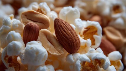 238Extreme close-up of fluffy popcorn mixed with unpopped kernels, emphasizing texture contrast between smooth seeds and jagged popped forms, rustic paper background - Powered by Adobe
