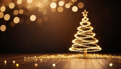 Glowing wire Christmas tree on dark background. Festive golden light bokeh creates elegant holiday atmosphere. Perfect for seasonal celebrations and winter cheer.