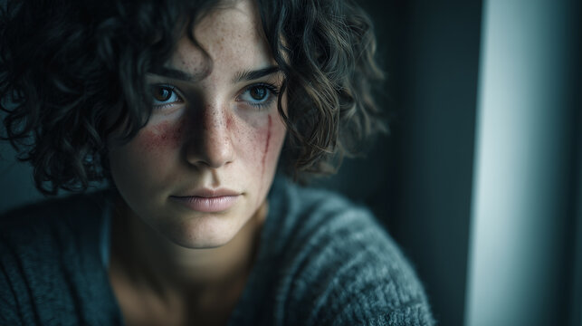 A contemplative young woman with curly hair, displaying subtle signs of distress, gazes thoughtfully, illuminated by soft light.
