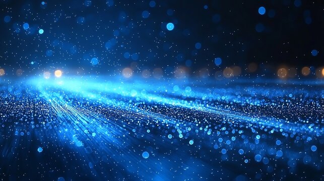 A digital landscape with blue light streaks and bokeh creating a futuristic abstract background scene - Powered by Adobe