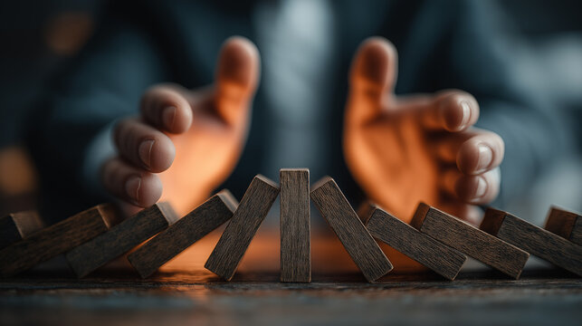 A pair of hands hovers protectively over a line of wooden blocks, symbolizing the prevention of chaos in a delicate balance.