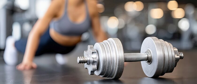 Close-up view of dumbbells on floor with woman exercising in the background and glowing light effects, ideal for fitness and workout themes