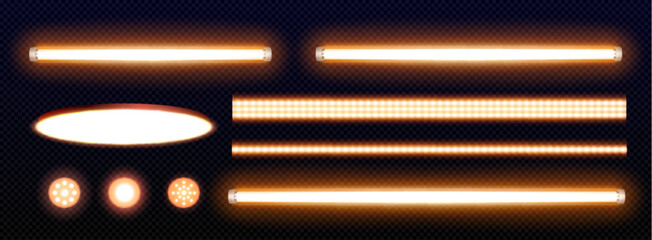 LED light strips and lamps set isolated on transparent background. Vector realistic illustration of warm yellow color spot and tube lights for interior illumination and decoration, glowing party decor