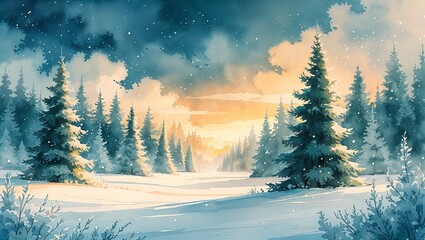 Watercolor illustration of a serene winter landscape with snow-covered trees and a sunset

