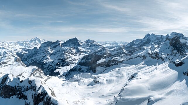 Serene Swiss Alps panorama snow-covered peaks alpine valleys tranquil winter landscape photography