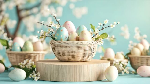 Decorative Easter eggs in a wicker basket on a wooden table. Background of blossoming trees suggests springtime celebration.