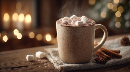 A cozy mug of steaming hot chocolate topped with marshmallows sits on a rustic wooden table, surrounded by cinnamon sticks and a warm, inviting ambiance.