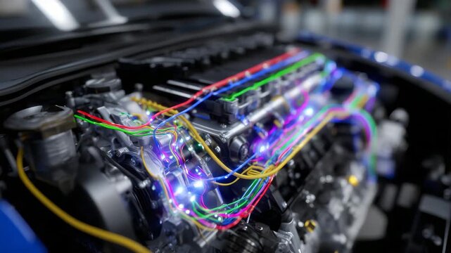243Close-up exploded engine diagram, colorful components and wiring harnesses in sharp focus, showing mechanical and electrical integration