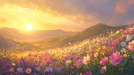 a pastel rainbow of cosmos flowers fluttering in the breeze in an open meadow