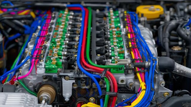 245Close-up exploded engine diagram, colorful components and wiring harnesses in sharp focus, showing mechanical and electrical integration