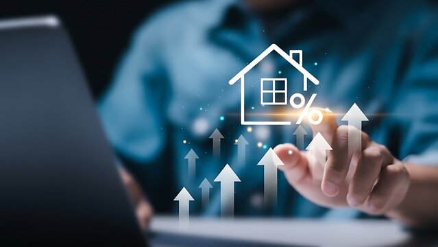 Digital house icon with rising arrows and percentage symbol, business growth