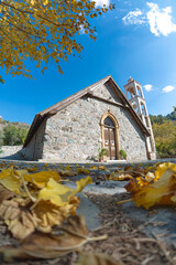 Church of the Archangel Michael in Platanistasa showing autumn colors in Cyprus. Nicosia District