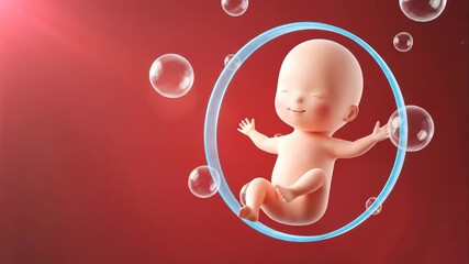 Cute illustration of a fetus in a circular frame surrounded by bubbles, set against a soft red background, symbolizing the miracle of life and prenatal development