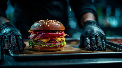 A mouthwatering gourmet burger stacks fresh ingredients, showcasing vibrant lettuce, cheese, and onions, all served on a sesame-seed bun.