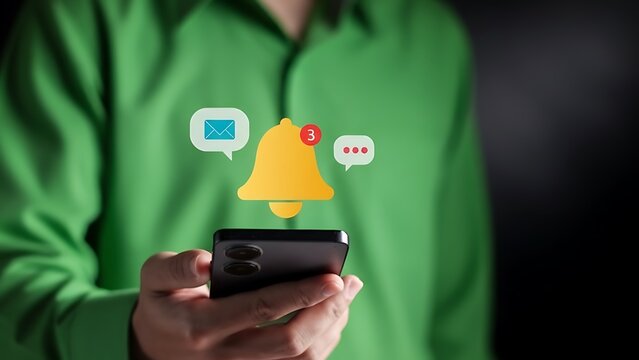 Person holding smartphone with notification icons: bell, email, and messages