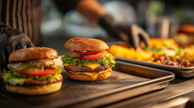 Juicy burgers stacked high with fresh lettuce, tomatoes, and melted cheese, ready to be served in a bustling kitchen. - Powered by Adobe
