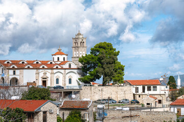 Church of the Holy Cross dominating Pano Lefkara village in Cyprus