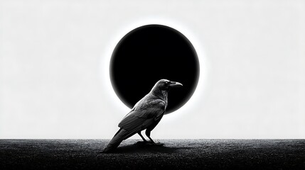 Mysterious black crow standing before solar eclipse high resolution picture