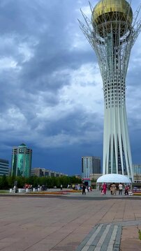 ASTANA, KAZAKHSTAN &ndash; July 30, 2023: Baiterek Tower. Monument and observation tower in Kazakhstan. The main symbol of the city against the background of modern buildings. The city of Nur Sultan. 4K