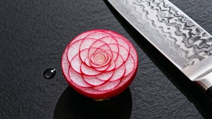 Beautifully sliced radish crafted into a floral shape with a Damascus steel knife beside it