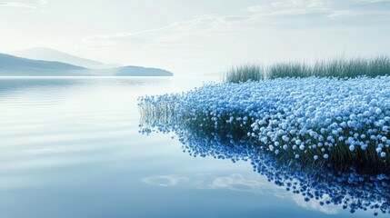 A serene lakeside setting where clusters of pale blue wildflowers line the watera??s edge