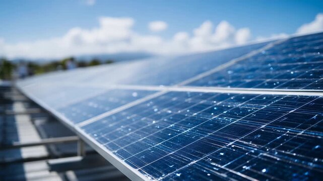 265Solar panel installed on a slanted roof, extreme close-up showing individual cells, conductive lines, and reflective surface under clear daylight