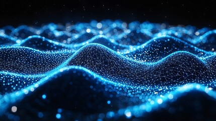 A blue abstract network with connected dots and lines forming a wavy surface on a dark background