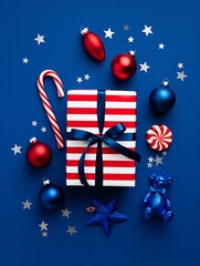 Merry Christmas holiday celebration card design with red ribbon bow and winter snow snowflake ornament ball vector illustration