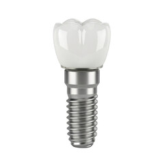Detailed dental implant crown and abutment assembly showing screw threading and porcelain tooth restoration isolated on transparent background