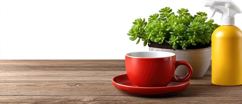 Gardening tools on a wooden table with a red cup filled with a green succulent plant and a yellow air freshener on a bright background