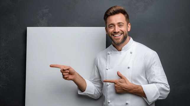 A cheerful chef in a white uniform smiles and points towards a blank canvas, suggesting excitement for upcoming culinary creations or presentations.