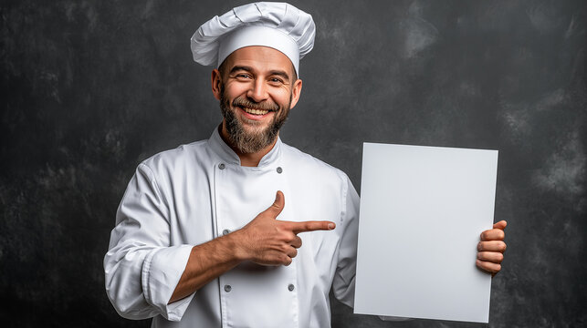 A cheerful chef in a white uniform and hat proudly holds up a blank sheet of paper, inviting creativity and engagement from his audience.