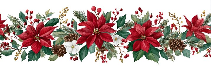 Festive christmas border with poinsettia isolated on white background