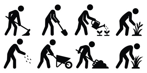 Gardening activity stickman set, Farming work figure pack, Outdoor planting silhouette collection
