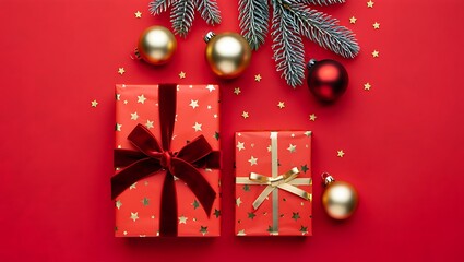 Christmas holiday card with gift box, red bow, golden ribbon, and tree decoration