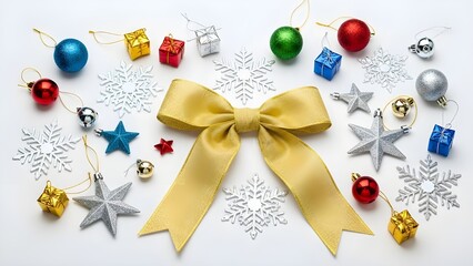 Christmas Decoration Flat Lay with Yellow Bow and Colorful Ornaments on White Background