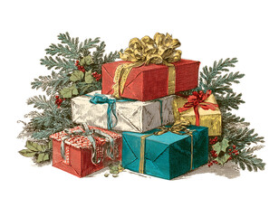 Christmas gifts colored vintage illustration isolated on white background