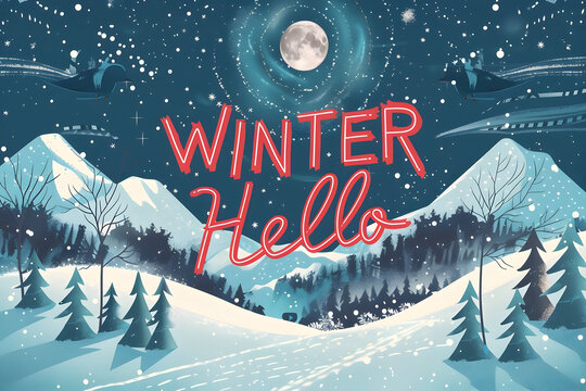 Winter hello design with moonlit mountains and snowy forest scene for greeting card