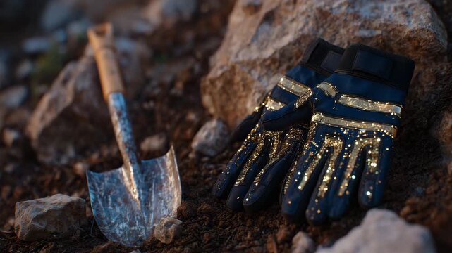 297Cinematic close-up of mining gloves and shovel resting beside luminous rare earth ores, rocks and soil textures detailed, background softly fading to emphasize discovery