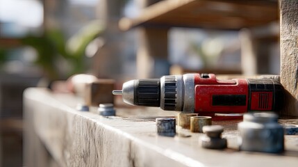 Winter construction site with tools and worker on table during snow, focusing on concrete work