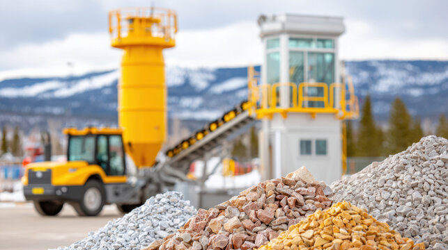 Asphalt mixing equipment at roadside plant with tall drum mixer in industrial setting