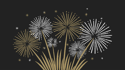 Gold and white fireworks illustration on dark night sky with sparkling starburst celebration elements © Vectyx