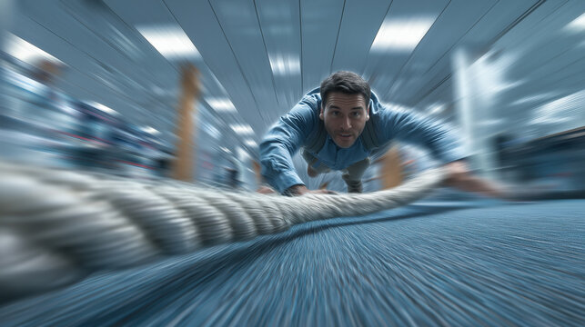 A focused man pulls on a thick rope, exemplifying determination and strength in a dynamic, motion-filled environment.