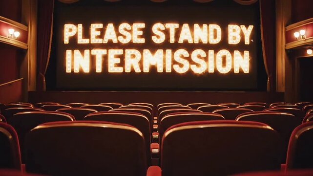 Classic theater intermission scene with illuminated screen and empty seats, perfect for nostalgic or entertainment themed projects