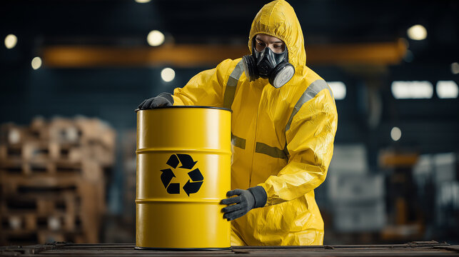 A worker in a yellow hazmat suit and mask handles a yellow recycling barrel, emphasizing safety and environmental responsibility in a warehouse setting.
