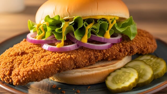 Crispy Fried Chicken Sandwich: A mouthwatering close-up of a delectable fried chicken sandwich, bursting with fresh lettuce, vibrant red onion, and tangy pickles.