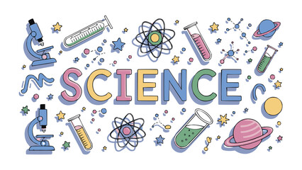 Colourful science illustration with laboratory tools, planets, molecules, and atom icons