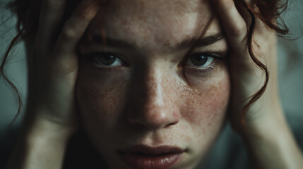 A close-up of a young woman expressing intense emotions, showcasing her striking freckles and captivating blue eyes, highlighting vulnerability and depth.