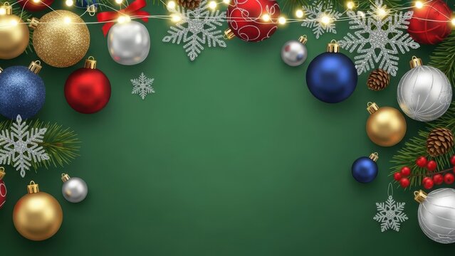 Festive christmas border with ornaments snowflakes and lights on green background