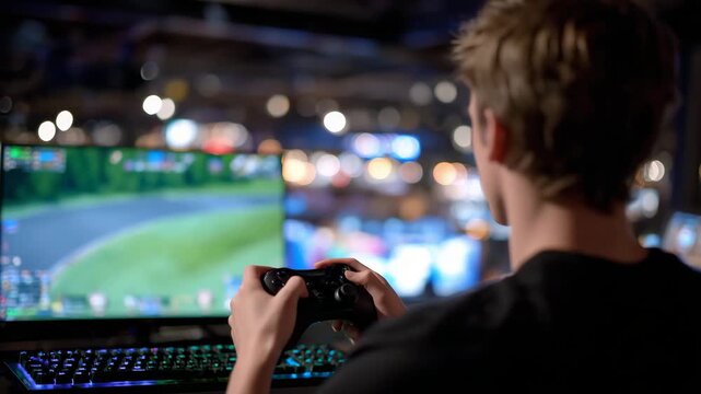 323Over-the-shoulder view of a player&rsquo;s hands on a glowing controller, RGB keyboard visible below, monitors and ambient light blending into cinematic esports atmosphere